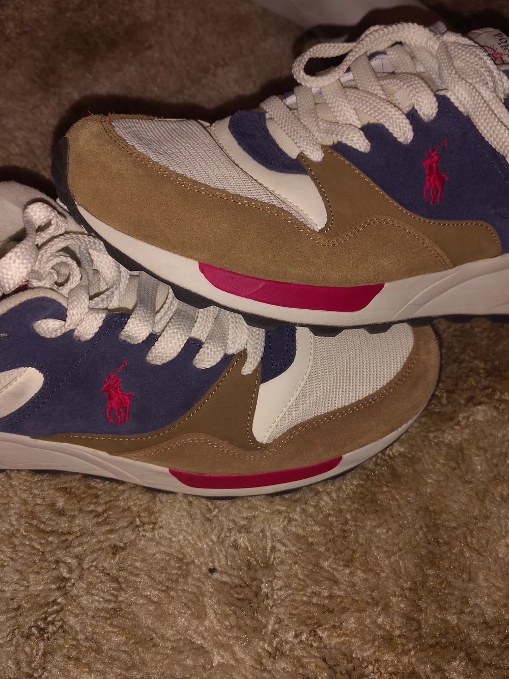 Polo by Ralph Lauren Men’s White/Tan/Blue/Red Suede & Mesh Sneakers